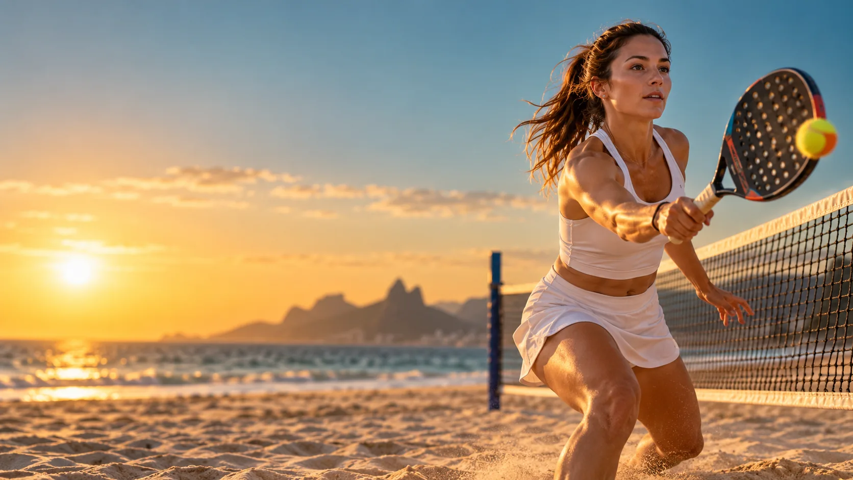 Jogadora de beach tennis na areia